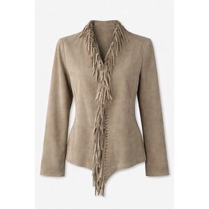 Vintage 90s Dialogue Jacket Coat Medium Beige Suede Leather Fringe Cowgirl